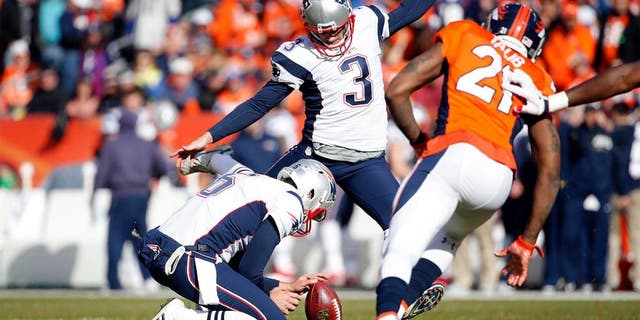 Jan 24, 2016; Denver, CO, USA; New England Patriots kicker Stephen Gostkowski (3) misses an extra point against the Denver Broncos in the first quarter in the AFC Championship football game at Sports Authority Field at Mile High. Mandatory Credit: Kevin Jairaj-USA TODAY Sports