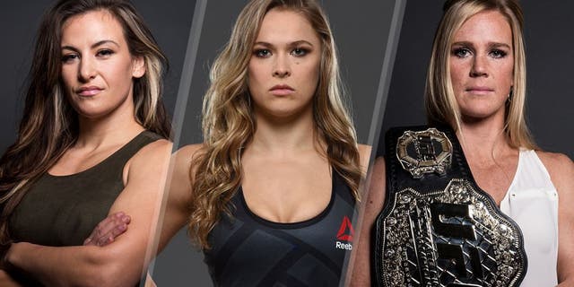 Miesha Tate poses for a portrait backstage during the UFC 197 on-sale press conference event inside MGM Grand Hotel & Casino on January 20, 2016 in Las Vegas, Nevada. (Photo by Brandon Magnus/Zuffa LLC/Zuffa LLC via Getty Images) UFC women's bantamweight champion Ronda Rousey poses for a portrait during a UFC photo session at the Sheraton Rio Hotel on July 28, 2015 in Rio de Janeiro, Brazil. (Photo by Jeff Bottari/Zuffa LLC/Zuffa LLC via Getty Images) UFC bantamweight champion Holly Holm poses for a portrait backstage during the UFC 197 on-sale press conference event inside MGM Grand Hotel & Casino on January 20, 2016 in Las Vegas, Nevada. (Photo by Brandon Magnus/Zuffa LLC/Zuffa LLC via Getty Images)
