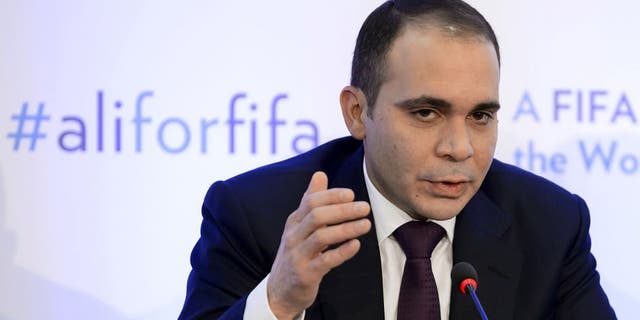 FIFA presidential contender Prince Ali bin al Hussein gestures during a press conference on February 11, 2016 at the Geneva press club. The FIFA presidential election, when a successor to the disgraced Sepp Blatter will be voted in as the head of world football's governing body, will take place in Zurich on February 26. / AFP / FABRICE COFFRINI (Photo credit should read FABRICE COFFRINI/AFP/Getty Images)