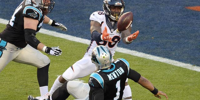 Feb 7, 2016; Santa Clara, CA, USA; Denver Broncos outside linebacker Von Miller (58) strips the ball from Carolina Panthers quarterback Cam Newton (1) in Super Bowl 50 at Levi's Stadium. Mandatory Credit: Kirby Lee-USA TODAY Sports