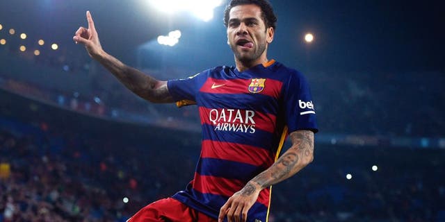 BARCELONA, SPAIN - DECEMBER 02: Dani Alves of FC Barcelona celebrates after scoring the opening goal during the Copa del Rey Round of 32 second leg match betwen FC Barcelona and Villanovense on December 2, 2015 in Barcelona, Spain. (Photo by David Ramos/Getty Images)
