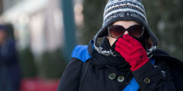 A woman lifts her scarf up in front of her nose to shield from the cold air, Friday, Feb. 12, 2016, in New York.