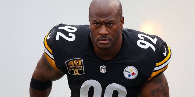 PITTSBURGH, PA - NOVEMBER 30: James Harrison #92 of the Pittsburgh Steelers is introduced prior to the game against the New Orleans Saints at Heinz Field on November 30, 2014 in Pittsburgh, Pennsylvania. (Photo by Gregory Shamus/Getty Images)