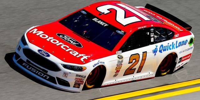 DAYTONA BEACH, FL - FEBRUARY 13: Ryan Blaney, driver of the #21 Motorcraft/Quick Lane Tire & Auto Center Ford, practices for the NASCAR Sprint Cup Series Daytona 500 at Daytona International Speedway on February 13, 2016 in Daytona Beach, Florida. (Photo by Jonathan Ferrey/NASCAR via Getty Images)