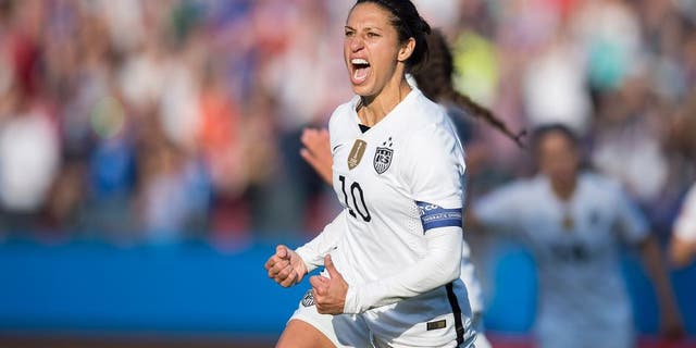 Action photo during the match Mexico vs United States, corresponding to Group -A- CONCACAF Womens Olympic Qualifying Texas 2016 at Toyota Stadium. Foto de accion durante el partido Mexico vs Estados Unidos, correspondiente al Grupo -A- del Preolimpico Femenino de CONCACAF Texas 2016 en el Estadio Toyota, en la foto: Festejo de gol de Carli Lloyd de USA 13/02/2016/MEXSPORT/Omar Martinez.
