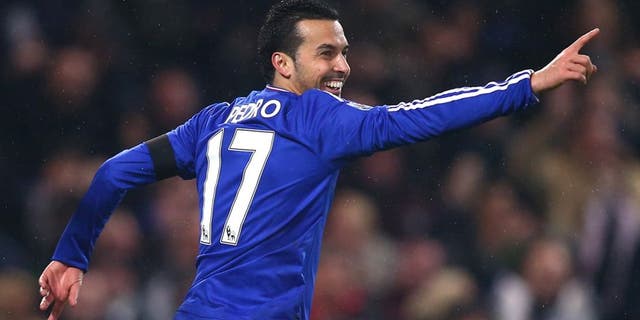 LONDON, ENGLAND - FEBRUARY 13: Pedro of Chelsea celebrates scoring his team's fourth goal during the Barclays Premier League match between Chelsea and Newcastle United at Stamford Bridge on February 13, 2016 in London, England. (Photo by Clive Rose/Getty Images)