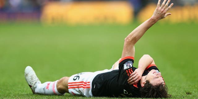SUNDERLAND, ENGLAND - FEBRUARY 13: Matteo Darmian of Manchester United lies injured during the Barclays Premier League match between Sunderland and Manchester United at the Stadium of Light on February 13, 2016 in Sunderland, England. (Photo by Clive Brunskill/Getty Images)