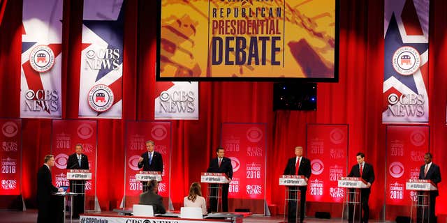 Republican presidential candidates, from left, Ohio Gov. John Kasich, former Florida Gov. Jeb Bush, Sen. Ted Cruz, R-Texas, businessman Donald Trump, Sen. Marco Rubio, R-Fla., retired neurosurgeon Ben Carson participate during the CBS News Republican presidential debate at the Peace Center, Saturday, Feb. 13, 2016, in Greenville, S.C.
