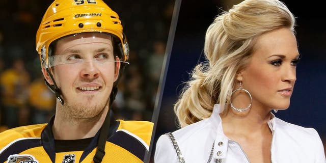 NASHVILLE, TN - JANUARY 16: Ryan Johansen #92 of the Nashville Predators skates in warm-ups prior to the game against the Minnesota Wild during an NHL game at Bridgestone Arena on January 16, 2016 in Nashville, Tennessee. (Photo by John Russell/NHLI via Getty Images) MIAMI GARDENS, FL - FEBRUARY 07: Singer Carrie Underwood performs during the pregame show prior to Super Bowl XLIV between the Indianapolis Colts and the New Orleans Saints on February 7, 2010 at Sun Life Stadium in Miami Gardens, Florida. (Photo by Donald Miralle/Getty Images)