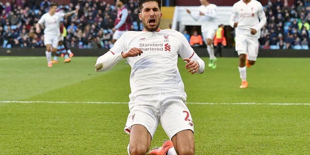 BIRMINGHAM, ENGLAND - FEBRUARY 14: (THE SUN OUT, THE SUN ON SUNDAY OUT) Emre Can of Liverpool celebrates after scoring during the Barclays Premier League match between Aston Villa and Liverpool at Villa Park on February 14, 2016 in Birmingham, England. (Photo by John Powell/Liverpool FC via Getty Images)