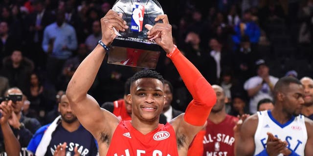 Feb 14, 2016; Toronto, Ontario, CAN; Western Conference guard Russell Westbrook of the Oklahoma City Thunder (0) celebrates after being named MVP of the NBA All Star Game at Air Canada Centre. Mandatory Credit: Bob Donnan-USA TODAY Sports
