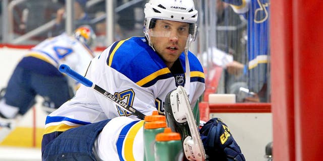 WINNIPEG, MB - OCTOBER 18: Jaden Schwartz #17 of the St. Louis Blues stretches at the bench during the pre-game warm up prior to NHL action against the Winnipeg Jets at the MTS Centre on October 18, 2015 in Winnipeg, Manitoba, Canada. (Photo by Jonathan Kozub/NHLI via Getty Images)