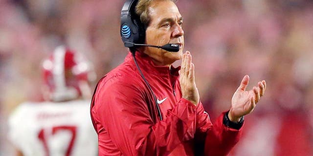 GLENDALE, AZ - JANUARY 11: Head coach Nick Saban celebrates after O.J. Howard #88 of the Alabama Crimson Tide scored a 53 yards touchdown in the third quarter against the Clemson Tigers during the 2016 College Football Playoff National Championship Game at University of Phoenix Stadium on January 11, 2016 in Glendale, Arizona. (Photo by Kevin C. Cox/Getty Images)