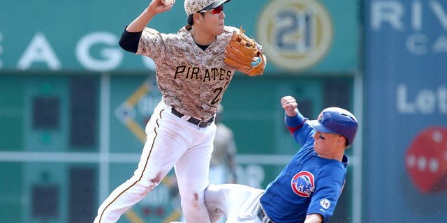 Sep 17, 2015; Pittsburgh, PA, USA; Chicago Cubs right fielder Chris Coghlan (8) slides into the left knee of Pittsburgh Pirates shortstop Jung Ho Kang (27) during the first inning at PNC Park. Dang left the game after suffering an apparent injury. Mandatory Credit: Charles LeClaire-USA TODAY Sports