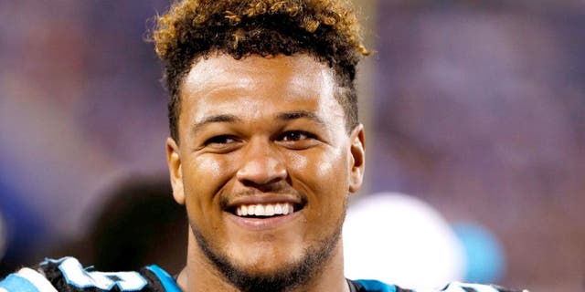 Aug 14, 2015; Orchard Park, NY, USA; Carolina Panthers defensive end Wes Horton (96) on the sideline during a preseason NFL football game against the Buffalo Bills at Ralph Wilson Stadium. Mandatory Credit: Kevin Hoffman-USA TODAY Sports