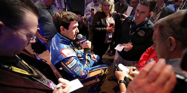 Daytona 500 pole winner Chase Elliott talks to the press at the 2016 NASCAR Media Day at the Daytona 500 Club, at Daytona International Speedway on Feb. 17, 2016 in Daytona Beach, Fla. (Joe Burbank/Orlando Sentinel/TNS via Getty Images)