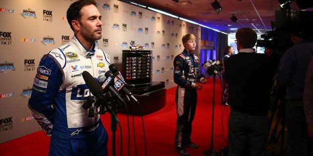DAYTONA BEACH, FL - FEBRUARY 16: NASCAR Sprint Cup Series driver Jimmie Johnson speaks to the media during NASCAR Media Day at Daytona International Speedway on February 16, 2016 in Daytona Beach, Florida. (Photo by Sarah Crabill/NASCAR via Getty Images)