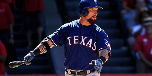 ANAHEIM, CA - JULY 26: Josh Hamilton #32 of the Texas Rangers bats during a game against the Los Angeles Angels of Anaheim at Angel Stadium of Anaheim on July 26, 2015 in Anaheim, California. (Photo by Jonathan Moore/Getty Images)