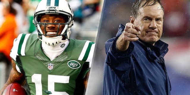 EAST RUTHERFORD, NJ - DECEMBER 13: Brandon Marshall #15 of the New York Jets celebrates after scoring a touchdown in the second quarter against the Tennessee Titans during their game at MetLife Stadium on December 13, 2015 in East Rutherford, New Jersey. (Photo by Al Bello/Getty Images) FOXBORO, MA - SEPTEMBER 12: Bill Belichick reacts after D'Brickashaw Ferguson #60 of the New York Jets shoved Aqib Talib #31 of the New England Patriots, who intercepted a pass, in the 4th quarter at Gillette Stadium on September 12, 2013 in Foxboro, Massachusetts. (Photo by Jim Rogash/Getty Images)