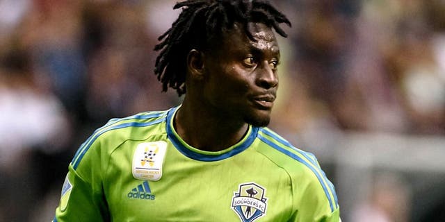 Sep 19, 2015; Vancouver, British Columbia, CAN; Seattle Sounders forward Obafemi Martins (9) awaits the start of play against the Vancouver Whitecaps during the first half at BC Place. The Seattle Sounders won 3-0. Mandatory Credit: Anne-Marie Sorvin-USA TODAY Sports