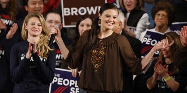 FILE: The daughters of Massachusetts Sen. Scott Brown, Ayla, right, a student at Boston College, and Arianna, left, a student at Syracuse University, are introduced at a campaign rally in Worcester, Mass., on Jan. 17. (AP).