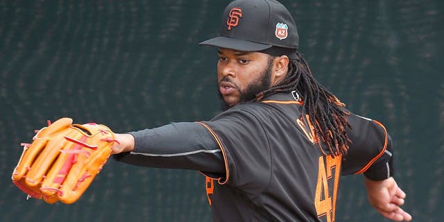 Feb 18, 2016; Scottsdale, AZ, USA; San Francisco Giants starting pitcher Johnny Cueto works in the bullpen during spring training camp at Scottsdale Stadium. Mandatory Credit: Rick Scuteri-USA TODAY Sports