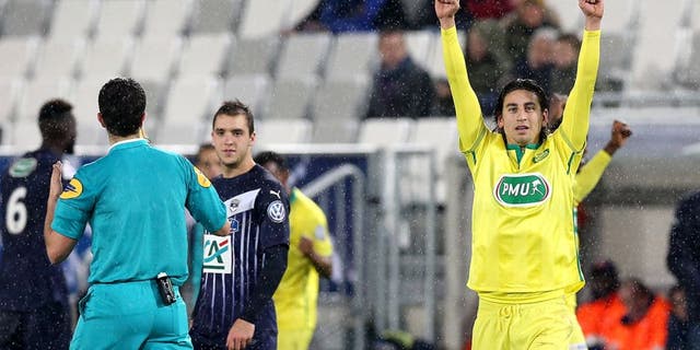 BORDEAUX, FRANCE - FEBRUARY 10: Alejandro Bedoya for FC Nantes after the victory in the French Cup match between FC Girondins de Bordeaux and FC Nantes at Stade Matmut Atlantique at Stade Matmut Atlantique on February 10, 2016 in Bordeaux, France. (Photo by Romain Perrocheau/Getty Images)