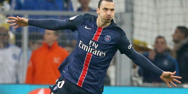 MARSEILLE - FEBRUARY 7: Zlatan Ibrahimovic of PSG celebrates his goal during the French Ligue 1 match between Olympique de Marseille (OM) and Paris Saint-Germain (PSG) at New Stade Velodrome on February 7, 2016 in Marseille, France. (Photo by Jean Catuffe/Getty Images)