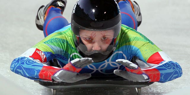 Feb. 19: Elena Yudina of Russia brakes into a pile of foam after the final run of the women's skeleton competition at the Vancouver 2010 Olympics in Whistler, British Columbia.