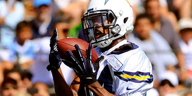 Jul 25, 2013; San Diego, CA, USA; San Diego Chargers receiver Danario Alexander (84) catches a pass during receiver drills during training camp at Chargers Park. Mandatory Credit: Christopher Hanewinckel-USA TODAY Sports