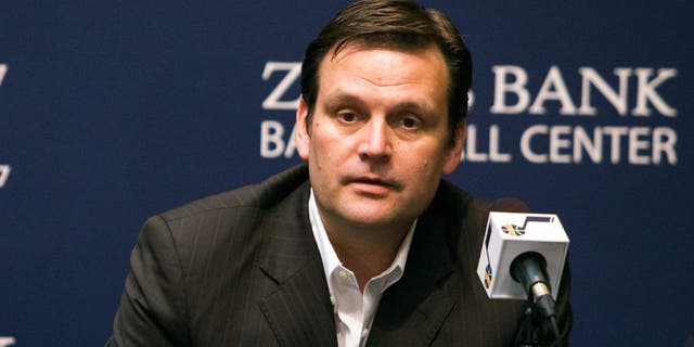 SALT LAKE CITY, UT - JUNE 27: Dennis Lindsey General Manager of the Utah Jazz speaks during a press conference introducing the 2014 Draft players at the Zions Basketball Center on June 27, 2014 in Salt Lake City, Utah. NOTE TO USER: User expressly acknowledges and agrees that, by downloading and or using this Photograph, User is consenting to the terms and conditions of the Getty Images License Agreement. Mandatory Copyright Notice: Copyright 2013 NBAE (Photo by Melissa Majchrzak/NBAE via Getty Images)