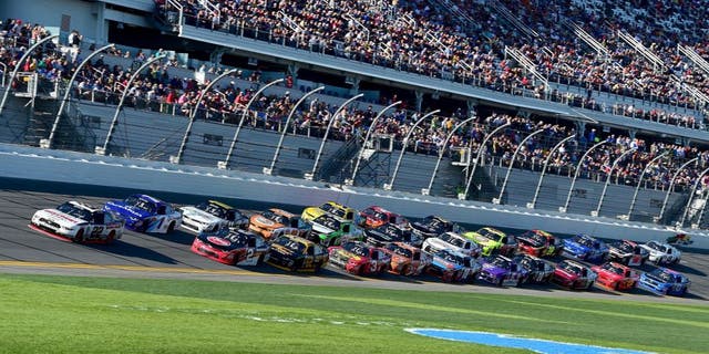 DAYTONA BEACH, FL - FEBRUARY 20: Joey Logano, driver of the #22 Discount Tire Ford, leads a pack of cars during the NASCAR XFINITY Series PowerShares QQQ 300 at Daytona International Speedway on February 20, 2016 in Daytona Beach, Florida. (Photo by Jared C. Tilton/Getty Images)