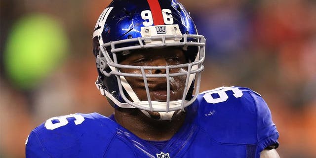 Aug 14, 2015; Cincinnati, OH, USA; New York Giants defensive tackle Jay Bromley (96) in a preseason NFL football game against the Cincinnati Bengals at Paul Brown Stadium. Mandatory Credit: Andrew Weber-USA TODAY Sports