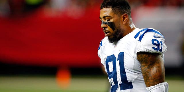 ATLANTA, GA - NOVEMBER 22: Jonathan Newsome #91 of the Indianapolis Colts reacts after a holding penalty during the second half against the Atlanta Falcons at the Georgia Dome on November 22, 2015 in Atlanta, Georgia. (Photo by Kevin C. Cox/Getty Images)