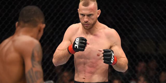PITTSBURGH, PA - FEBRUARY 21: (R-L) Donald Cerrone circles Alex Oliveira in their welterweight bout during the UFC Fight Night event at Consol Energy Center on February 21, 2016 in Pittsburgh, Pennsylvania. (Photo by Jeff Bottari/Zuffa LLC/Zuffa LLC via Getty Images)