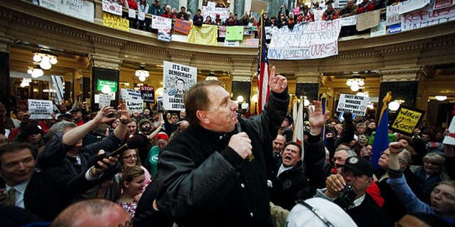 Febraury 23, 2011: Teamsters President James Hoffa speaks at a rally in the state Capitol in Madison, Wis. (AP)