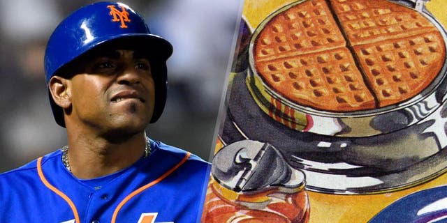 Nov 1, 2015; New York City, NY, USA; New York Mets center fielder Yoenis Cespedes (52) reacts after popping out in the 6th inning against the Kansas City Royals in game five of the World Series at Citi Field. Mandatory Credit: Robert Deutsch-USA TODAY Sports Vintage illustration of a waffle cooking in a waffle iron, with a syrup dispenser; screen print, 1940s. (Photo by GraphicaArtis/Getty Images)
