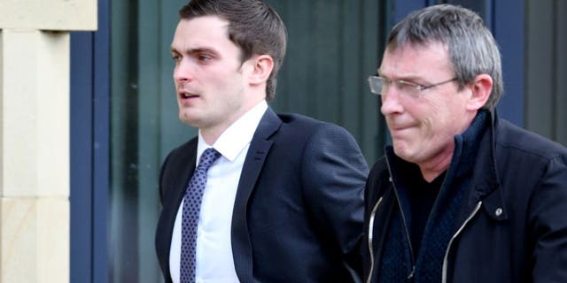 BRADFORD, ENGLAND - FEBRUARY 24: Footballer Adam Johnson (R) arrives with his father Dave at Bradford Crown Court for day nine of the trial where he is facing child sexual assault charges on February 24, 2016 in Bradford, England. The former Sunderland FC midfielder, 28, from Castle Eden, County Durham, has admitted one charge of sexual activity with a child and one charge of child grooming, but denies two further counts of sexual activity with a child. (Photo by Nigel Roddis/Getty Images)