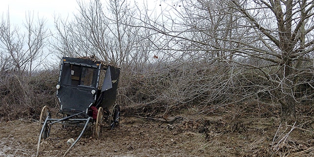 Feb. 25: The ravaged buggy of an Amish family is seen in a field along Roscoe Creek, in Hickman County near Dublin, Ky.