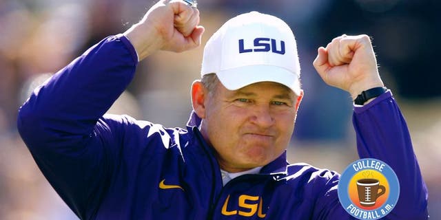 BATON ROUGE, LA - NOVEMBER 29: Head coach Les Miles of the LSU Tigers reacts during pre game before playing the Arkansas Razorbacks at Tiger Stadium on November 29, 2013 in Baton Rouge, Louisiana. (Photo by Chris Graythen/Getty Images)