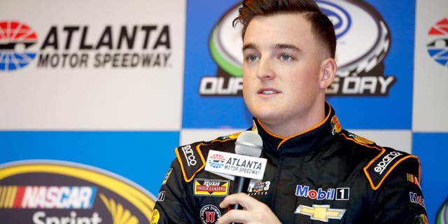 HAMPTON, GA - FEBRUARY 26: Ty Dillon, driver of the #14 Bass Pro Shops Tracker Boats Chevrolet, speaks with the media prior to practice for the NASCAR Sprint Cup Series Folds of Honor QuikTrip 500 at Atlanta Motor Speedway on February 26, 2016 in Hampton, Georgia. (Photo by Todd Warshaw/NASCAR via Getty Images)