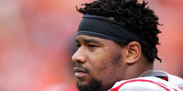 AUBURN, AL - OCTOBER 31: Robert Nkemdiche #5 of the Ole Miss Rebels looks on during a game against the Auburn Tigers at Jordan-Hare Stadium on October 31, 2015 in Auburn, Alabama. Ole Miss defeated Auburn 27-19. (Photo by Joe Robbins/Getty Images)