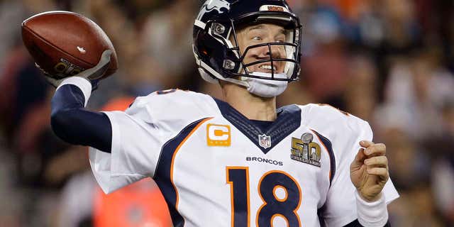FILE - In this Sunday, Feb. 7, 2016 file photo, Denver Broncos’ Peyton Manning (18) passes against the Carolina Panthers during the second half of the NFL Super Bowl 50 football game in Santa Clara, Calif.