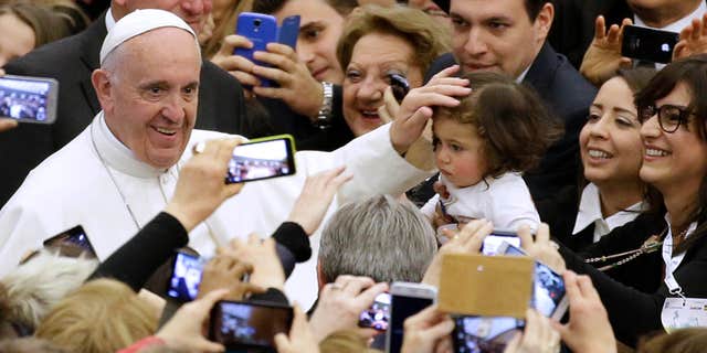 Feb. 27, 2016: Pope Francis meets with members of the Italian Entrepreneurs Association in the Paul VI hall at the Vatican.