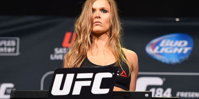 LOS ANGELES, CA - FEBRUARY 27: Ronda Rousey weighs in during the UFC 184 weigh-in at the Event Deck and LA Live on February 27, 2015 in Los Angeles, California. (Photo by Josh Hedges/Zuffa LLC/Zuffa LLC via Getty Images)