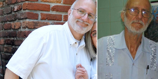 FILE - This two-picture combo handout file photos provided in June 2012 by Peter Kahn, the attorney of imprisoned American Alan Gross, shows Gross in 2009, left, and in 2012, right.