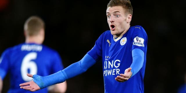 LEICESTER, ENGLAND - MARCH 01: Jamie Vardy of Leicester City reacts during the Barclays Premier League match between Leicester City and West Bromwich Albion at The King Power Stadium on March 1, 2016 in Leicester, England. (Photo by Michael Regan/Getty Images)