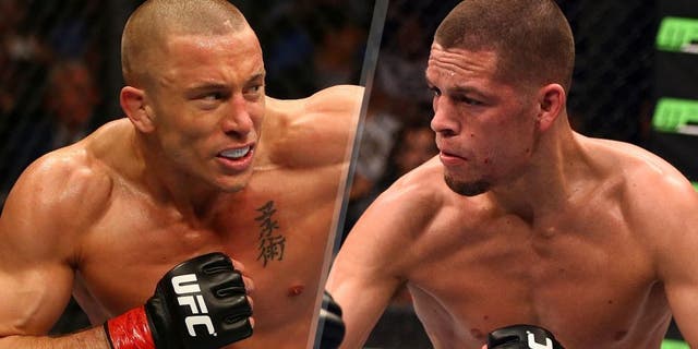 MONTREAL, QC - MARCH 16: (L-R) Georges St-Pierre punches Nick Diaz in their welterweight championship bout during the UFC 158 event at Bell Centre on March 16, 2013 in Montreal, Quebec, Canada. (Photo by Jonathan Ferrey/Zuffa LLC/Zuffa LLC via Getty Images) PHOENIX, AZ - DECEMBER 13: (L-R) Rafael dos Anjos of Brazil kicks Nate Diaz in their lightweight fight during the UFC Fight Night event at the U.S. Airways Center on December 13, 2014 in Phoenix, Arizona. (Photo by Josh Hedges/Zuffa LLC/Zuffa LLC via Getty Images)