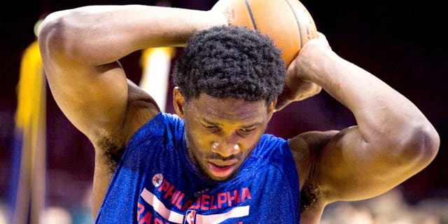 Feb 20, 2015; Philadelphia, PA, USA; Philadelphia 76ers center Joel Embiid (21) during warm ups prior to the game against the Indiana Pacers at Wells Fargo Center. Mandatory Credit: Bill Streicher-USA TODAY Sports