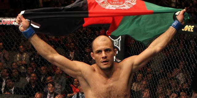 STOCKHOLM, SWEDEN - APRIL 14: Siyar Bahadurzada reacts after knocking out Paulo Thiago in a welterweight bout at the UFC on Fuel TV event at Ericsson Globe on April 14, 2012 in Stockholm, Sweden. (Photo by Josh Hedges/Zuffa LLC/Zuffa LLC via Getty Images)